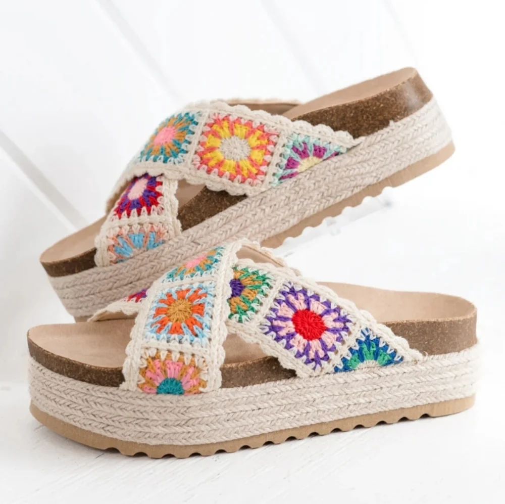 Dirty Laundry Cream Crochet Platform Slide Sandals with Multicolor Accents